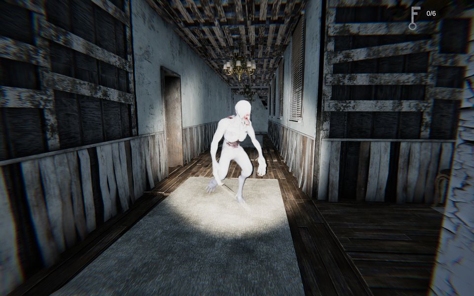 A pale creature in a flashlit corridor