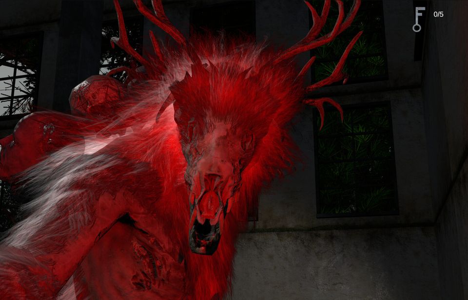 Close-up of a red, antlered creature