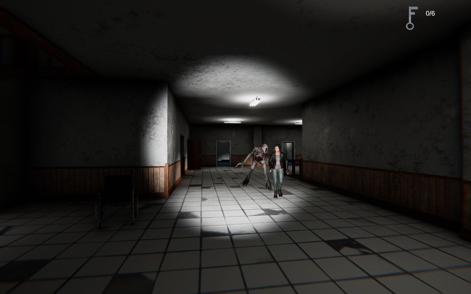 A creature and a player in a dark hallway